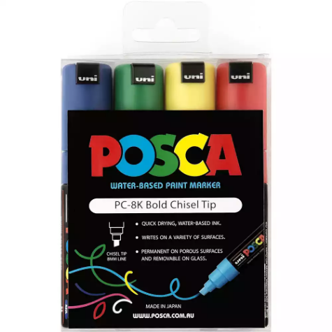 Picture of POSCA PC-8K PAINT MARKER CHISEL BROAD 8MM ASSORTED PACK 4