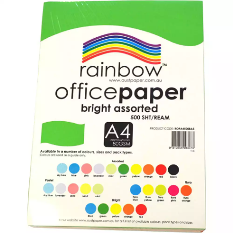 Picture of RAINBOW COLOURED A4 COPY PAPER 80GSM 500 SHEETS BRIGHT ASSORTED