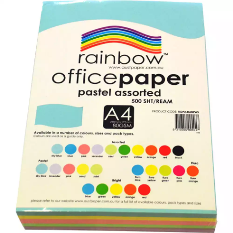 Picture of RAINBOW COLOURED A4 COPY PAPER 80GSM 500 SHEETS PASTEL ASSORTED