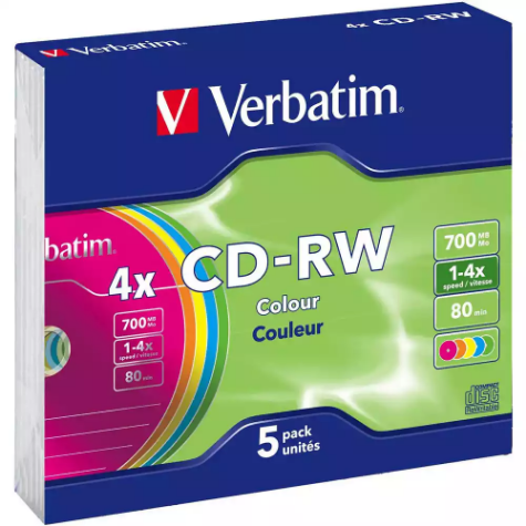 Picture of VERBATIM CD-RW 700MB 1X-4X COLOURED CASE PACK 5