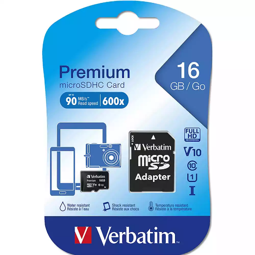 Picture of VERBATIM PREMIUM MICROSDHC MEMORY CARD WITH ADAPTER UHS-I V10 U1 CLASS 10 16GB