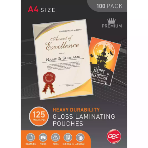 Picture of GBC LAMINATING POUCH GLOSS 125 MICRON A4 CLEAR PACK 100