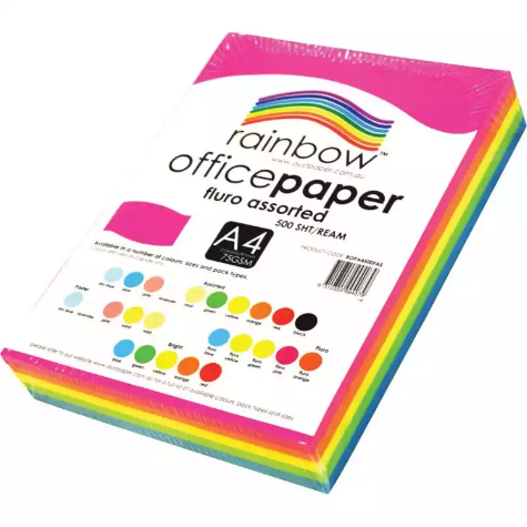 Picture of RAINBOW COLOURED A4 COPY PAPER 75GSM 500 SHEETS FLURO ASSORTED