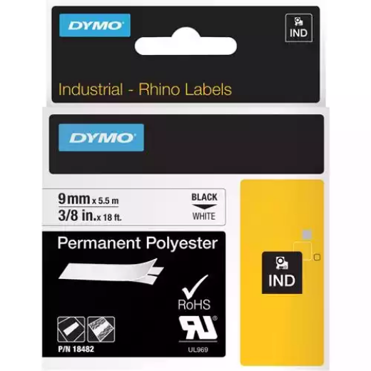 Picture of DYMO SD18482 RHINO INDUSTRIAL TAPE PERMANENT POLYESTER 9MM BLACK ON WHITE