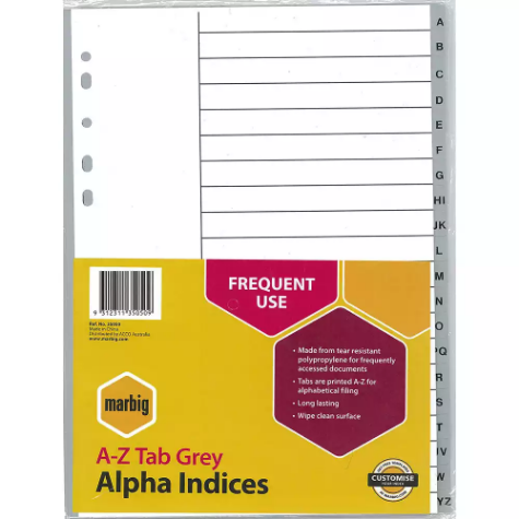 Picture of MARBIG INDEX DIVIDER PP A-Z TAB A4 GREY