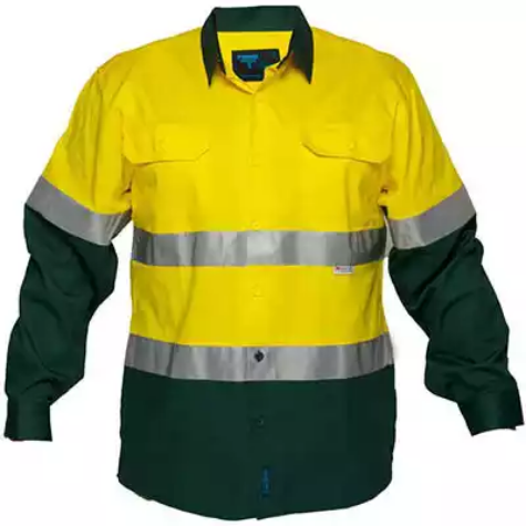 Picture of PRIME MOVER MA801 COTTON DRILL SHIRT LONG SLEEVE LIGHTWEIGHT WITH TAPE 2-TONE YELLOW GREEN EXTRA LARGE