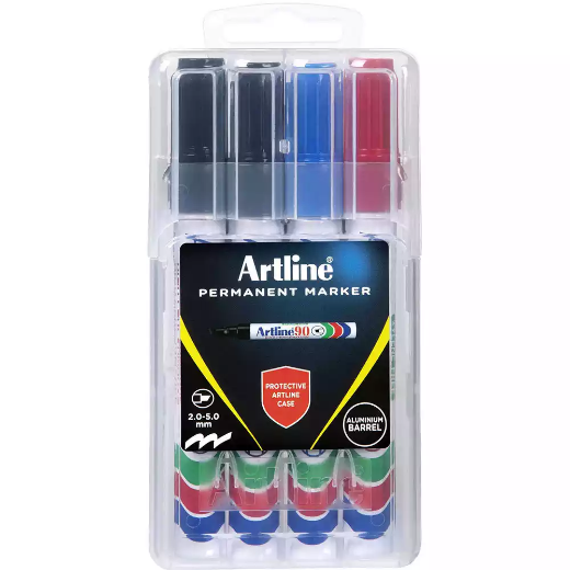 Picture of ARTLINE 90 PERMANENT MARKER CHISEL 2-5MM ASSORTED HARD CASE PACK 4