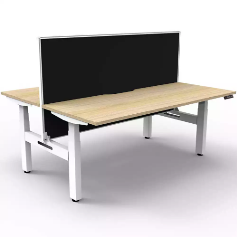 Picture of RAPIDLINE BOOST PLUS HEIGHT ADJUSTABLE DOUBLE SIDED WORKSTATION WITH SCREEN 1800 X 750MM NATURAL OAK TOP / WHITE FRAME / BLACK SCREEN