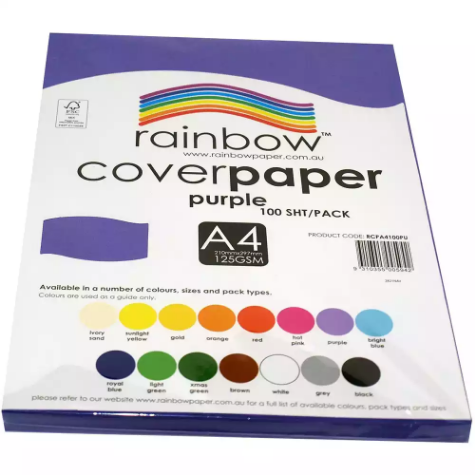 Picture of RAINBOW COVER PAPER 125GSM A4 PURPLE PACK 100