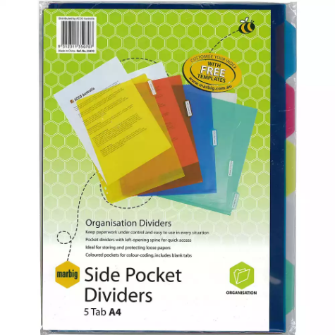 Picture of MARBIG SIDE POCKET DIVIDERS PP 5-TAB A4 ASSORTED