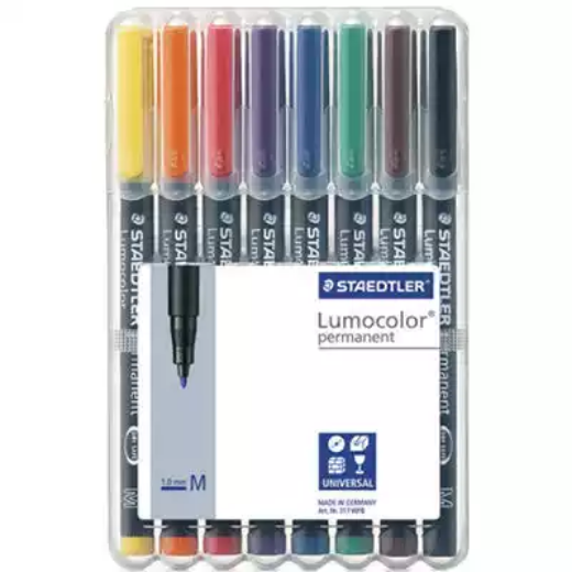 Picture of STAEDTLER 317 LUMOCOLOR PERMANENT MARKER BULLET 1.0MM ASSORTED WALLET 8