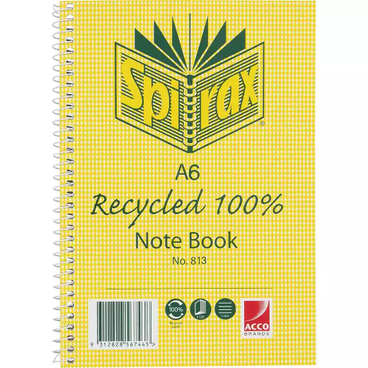 Picture of SPIRAX 813 NOTEBOOK 7MM RULED 100% RECYCLED CARDBOARD COVER SPIRAL BOUND A6 100 PAGE