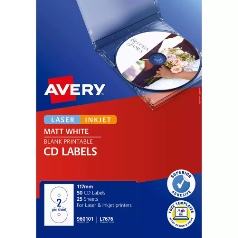 Picture of AVERY 960101 L7676 LASER LABELS MEDIA FULL FACE CD/DVD 2UP PACK 25