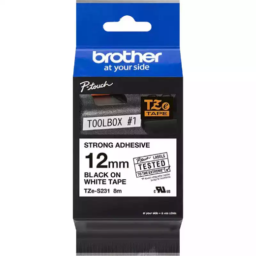 Picture of BROTHER TZE-S231 STRONG ADHESIVE LABELLING TAPE 12MM BLACK ON WHITE