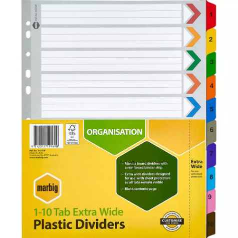 Picture of MARBIG INDEX DIVIDER EXTRA WIDE MANILLA 1-10 TAB A4 ASSORTED