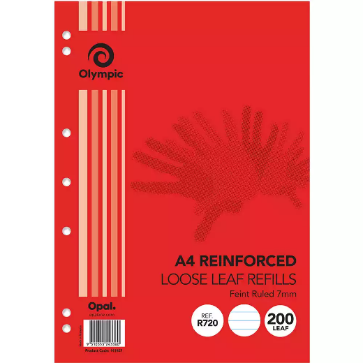 Picture of OLYMPIC R720 REINFORCED LOOSE LEAF REFILL 7MM FEINT RULED 55GSM A4 PACK 200