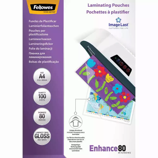 Picture of FELLOWES ENHANCE LAMINATING POUCH GLOSS 80 MICRON A4 CLEAR PACK 100