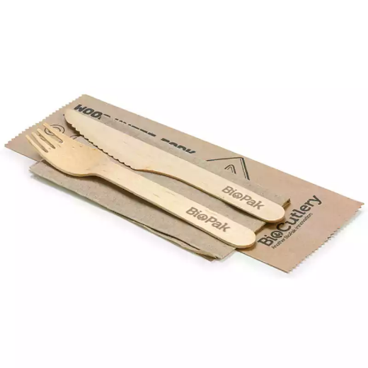 Picture of BIOPAK COATED 100% WOOD CUTLERY SET 160MM PACK 100