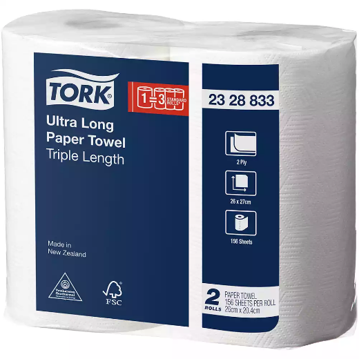 Picture of TORK 2328833 ULTRA LONG TRIPLE LENGTH KITCHEN ROLL 2-PLY 156 SHEET WHITE PACK 2