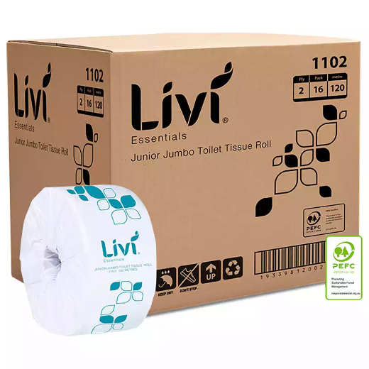 Picture of LIVI ESSENTIALS JUNIOR JUMBO TOILET ROLL EMBOSSED 2-PLY 120M CARTON 16