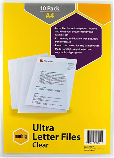 Picture of MARBIG ULTRA HEAVY DUTY LETTER FILES PP A4 CLEAR PACK 10