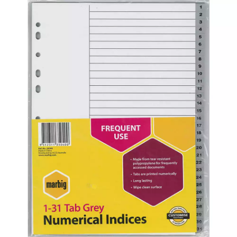 Picture of MARBIG INDEX DIVIDER PP 1-31 TAB A4 GREY