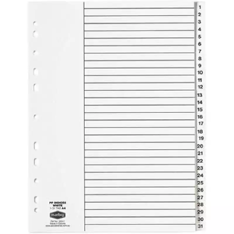 Picture of MARBIG INDEX DIVIDER PP 1-31 TAB A4 WHITE