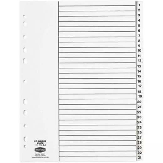 Picture of MARBIG INDEX DIVIDER PP 1-31 TAB A4 WHITE