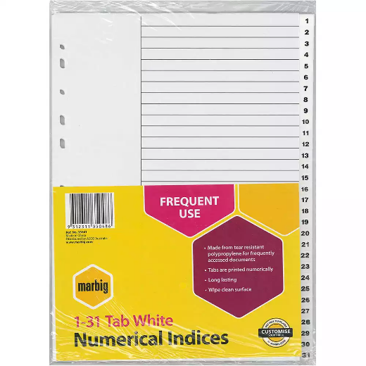 Picture of MARBIG INDEX DIVIDER PP 1-31 TAB A4 WHITE