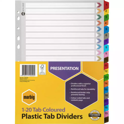 Picture of MARBIG INDEX DIVIDER MANILLA 1-20 TAB A4 ASSORTED