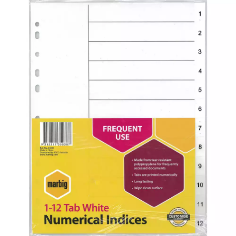 Picture of MARBIG INDEX DIVIDER PP 1-12 TAB A4 WHITE