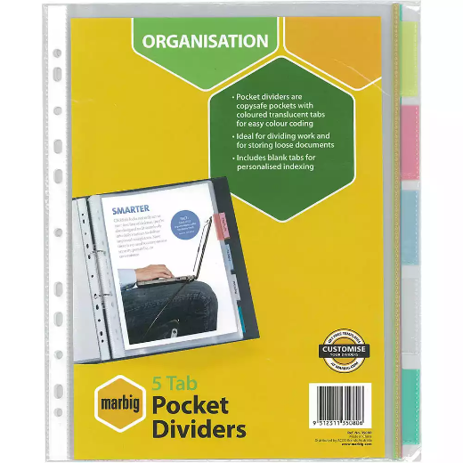 Picture of MARBIG COPYSAFE DIVIDER POCKET PP 5-TAB A4 ASSORTED