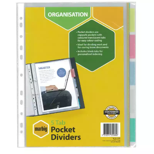 Picture of MARBIG COPYSAFE DIVIDER POCKET PP 5-TAB A4 ASSORTED