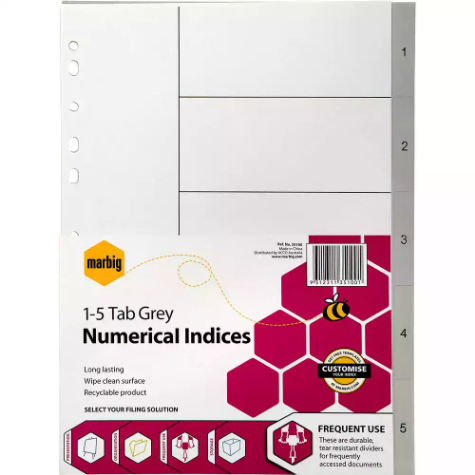 Picture of MARBIG INDEX DIVIDER PP 1-5 TAB A4 GREY