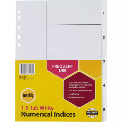 Picture of MARBIG INDEX DIVIDER PP 1-5 TAB A4 WHITE