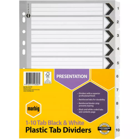 Picture of MARBIG INDEX DIVIDER REINFORCED 1-10 TAB A4 BLACK/WHITE