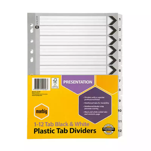 Picture of MARBIG DIVIDER MANILLA 12-TAB A4 BLACK/WHITE