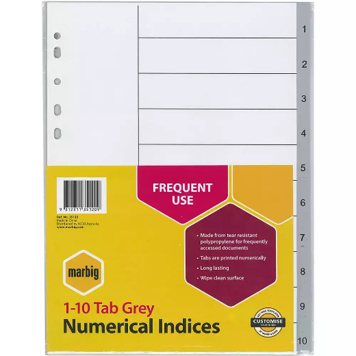 Picture of MARBIG INDEX DIVIDER PP 1-10 TAB A4 GREY