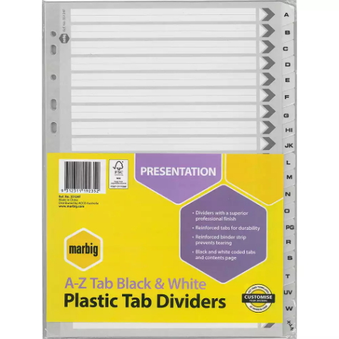 Picture of MARBIG DIVIDER A-Z TAB A4 BLACK/WHITE