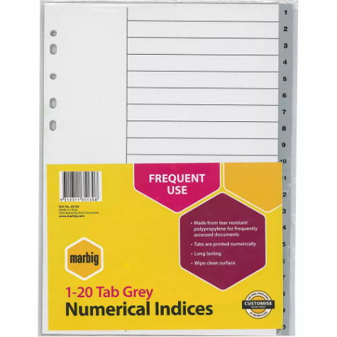 Picture of MARBIG INDEX DIVIDER PP 1-20 TAB A4 GREY