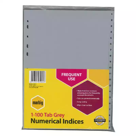 Picture of MARBIG INDEX DIVIDER PP 1-100 TAB A4 GREY