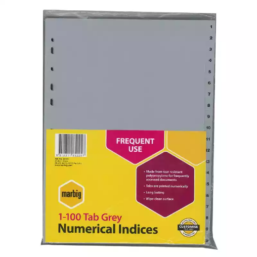 Picture of MARBIG INDEX DIVIDER PP 1-100 TAB A4 GREY