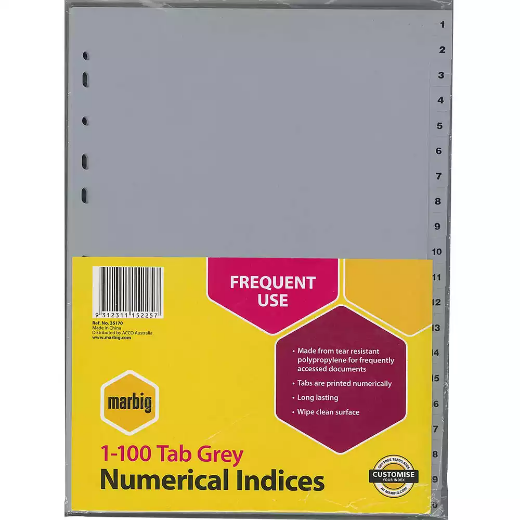 Picture of MARBIG INDEX DIVIDER PP 1-100 TAB A4 GREY