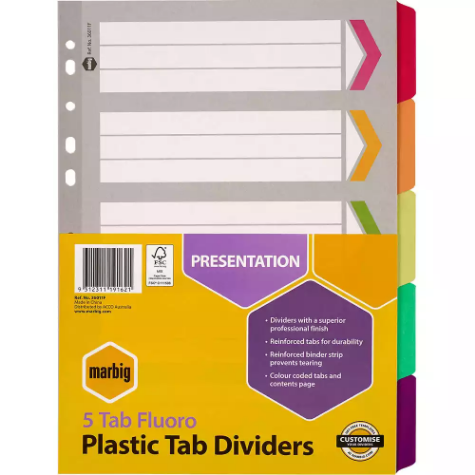 Picture of MARBIG DIVIDER REINFORCED MANILLA 5-TAB A4 FLUORO ASSORTED