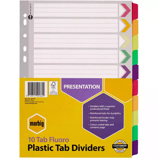 Picture of MARBIG DIVIDER REINFORCED MANILLA 10-TAB A4 FLUORO ASSORTED