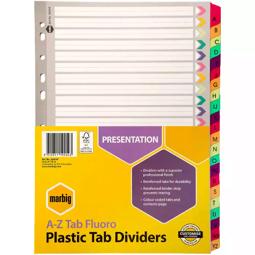 Picture of MARBIG INDEX DIVIDER REINFORCED MANILLA A-Z TAB A4 FLUORO ASSORTED