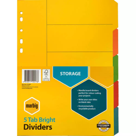 Picture of MARBIG DIVIDER MANILLA 5-TAB A4 BRIGHT ASSORTED