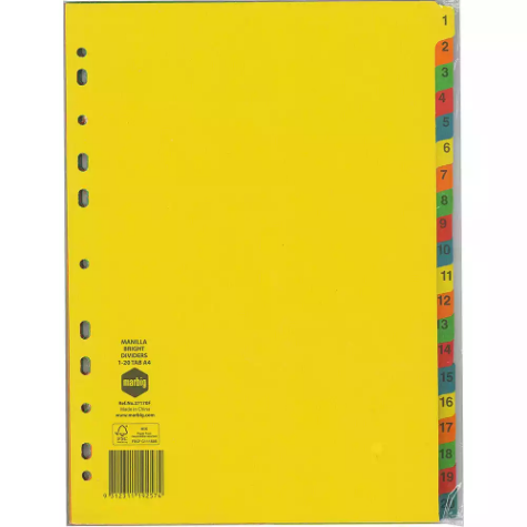 Picture of MARBIG DIVIDER MANILLA 1-20 TAB A4 BRIGHT ASSORTED