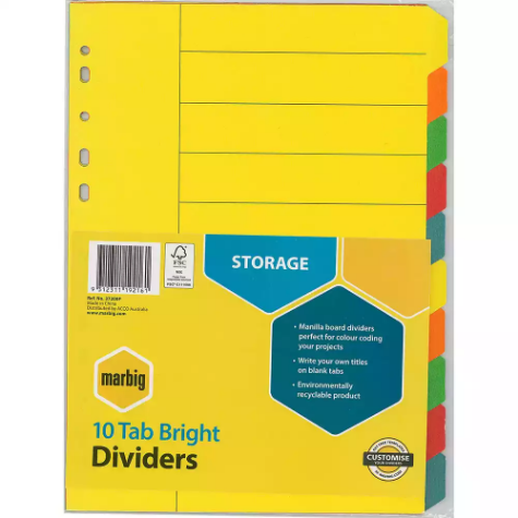 Picture of MARBIG DIVIDER MANILLA 10-TAB A4 BRIGHT ASSORTED