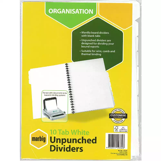 Picture of MARBIG DIVIDER UNPUNCHED MANILLA 10-TAB A4 WHITE